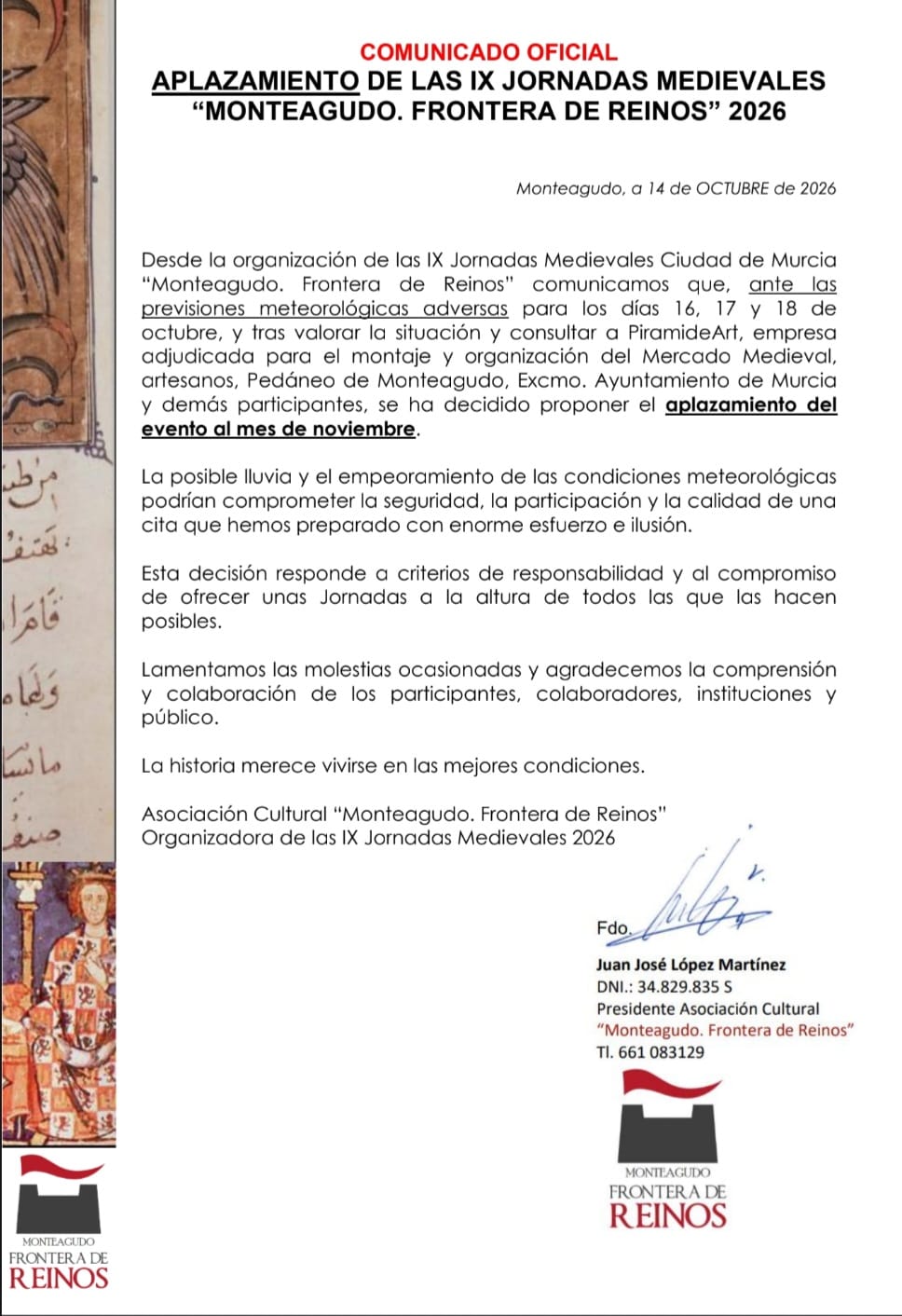 Comunicado oficial del aplazamiento de las IX Jornadas Medievales Monteagudo Frontera de Reinos 2026